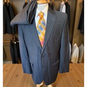 Jack Victor Collection Mens Size 42L Wool Suit Blue Pinstripe Pants 34‎ x 29